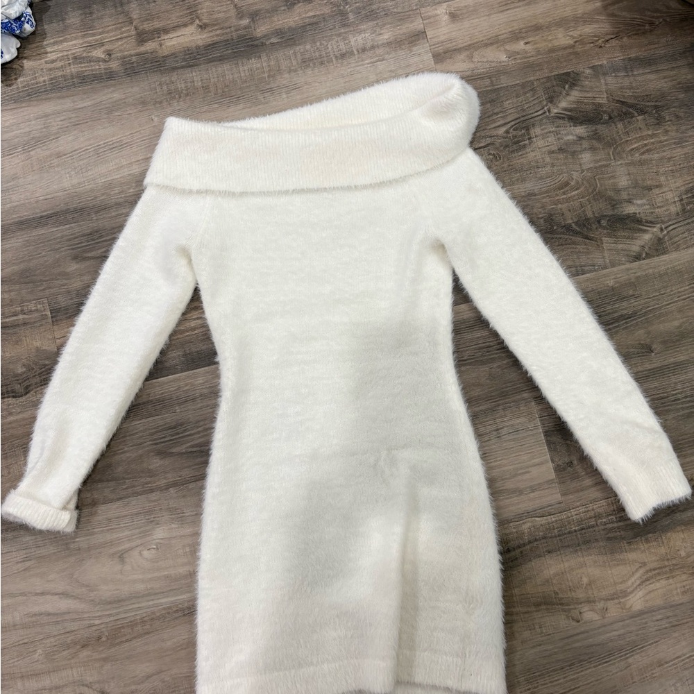 Elegant Off-Shoulder White Sweater Dress